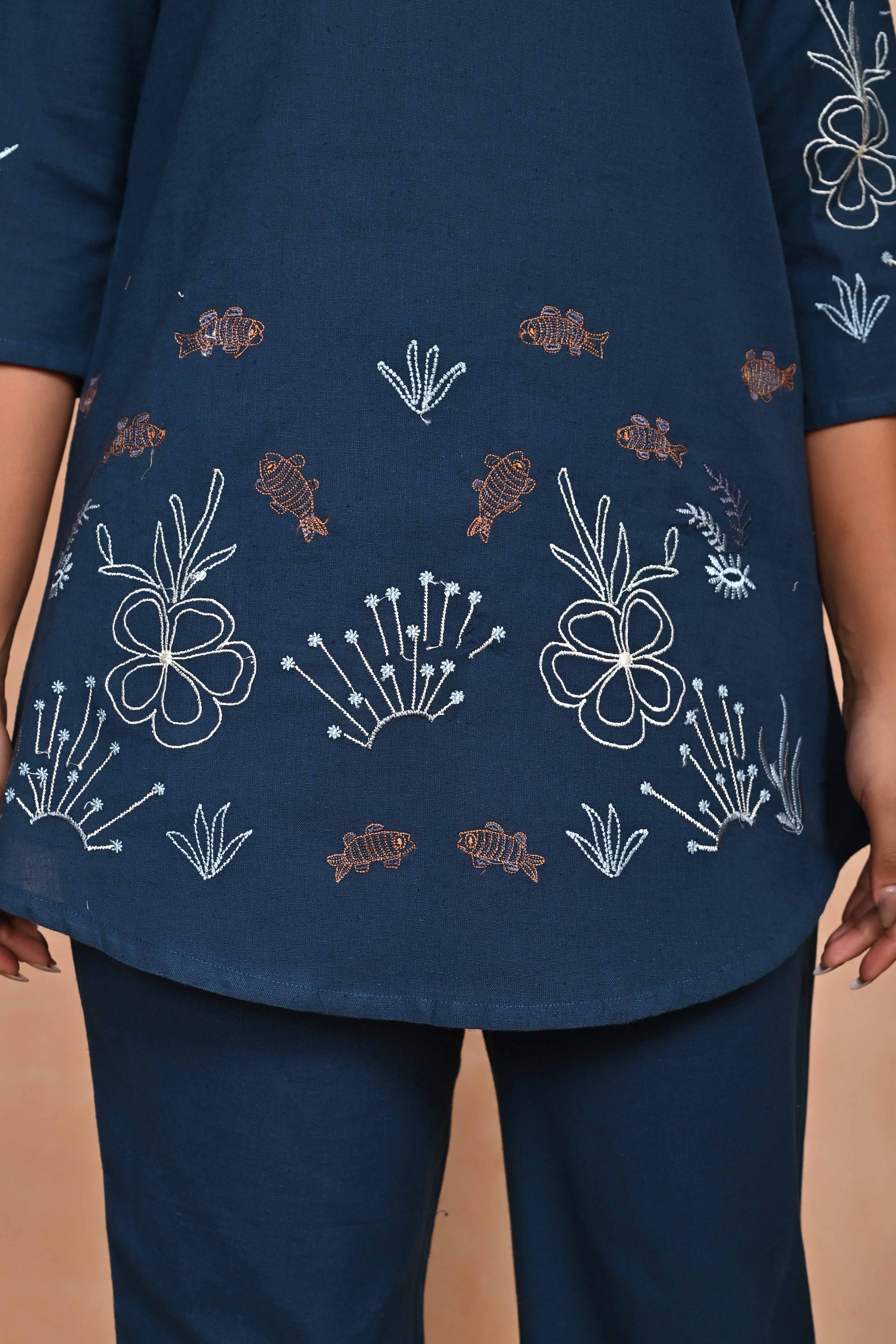 Navy Blue Hand-Embroidered Cotton Co-Ord Set with Bead Detailing