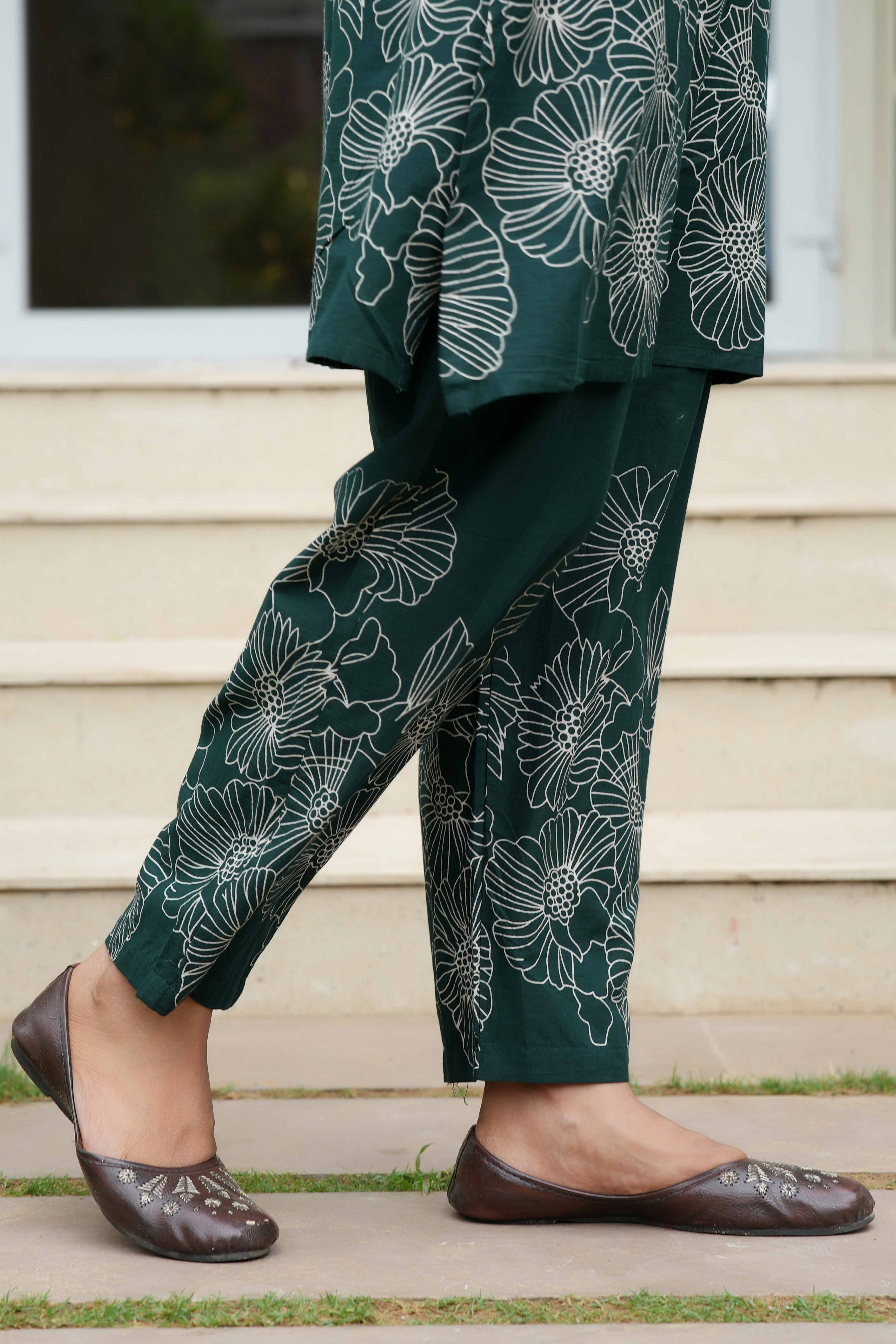 Bottle Green Floral Embroidered Co-Ord Set – Top & Bottom