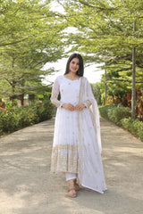 Georgette Kurta with Multi Embroidery, Micro Cotton Pants & Embroidered Georgette Dupatta