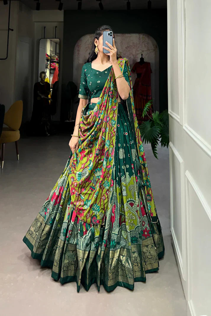 Elegant Tussar Silk Lehenga with Kalamkari Print and Foil Work Border
