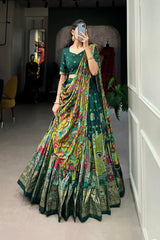 Elegant Tussar Silk Lehenga with Kalamkari Print and Foil Work Border