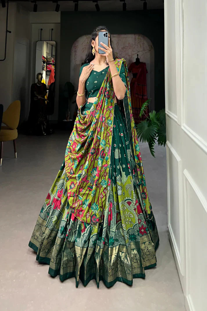Elegant Tussar Silk Lehenga with Kalamkari Print and Foil Work Border