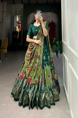 Elegant Tussar Silk Lehenga with Kalamkari Print and Foil Work Border