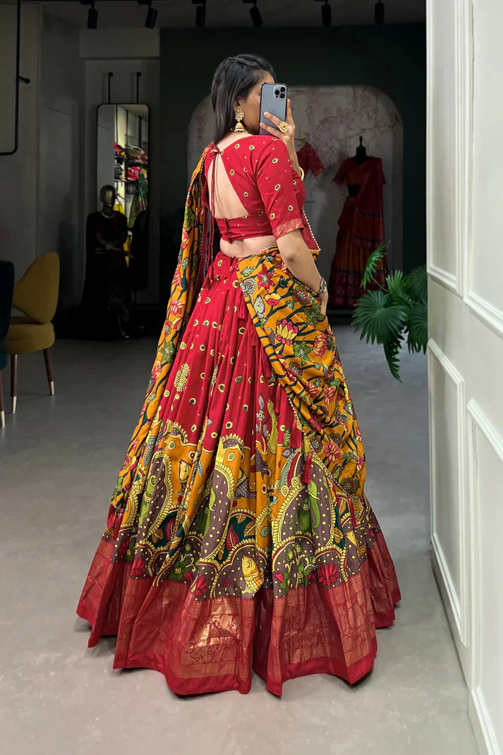 Elegant Tussar Silk Lehenga with Kalamkari Print & Foil Work Border – Stitched Lehenga Set