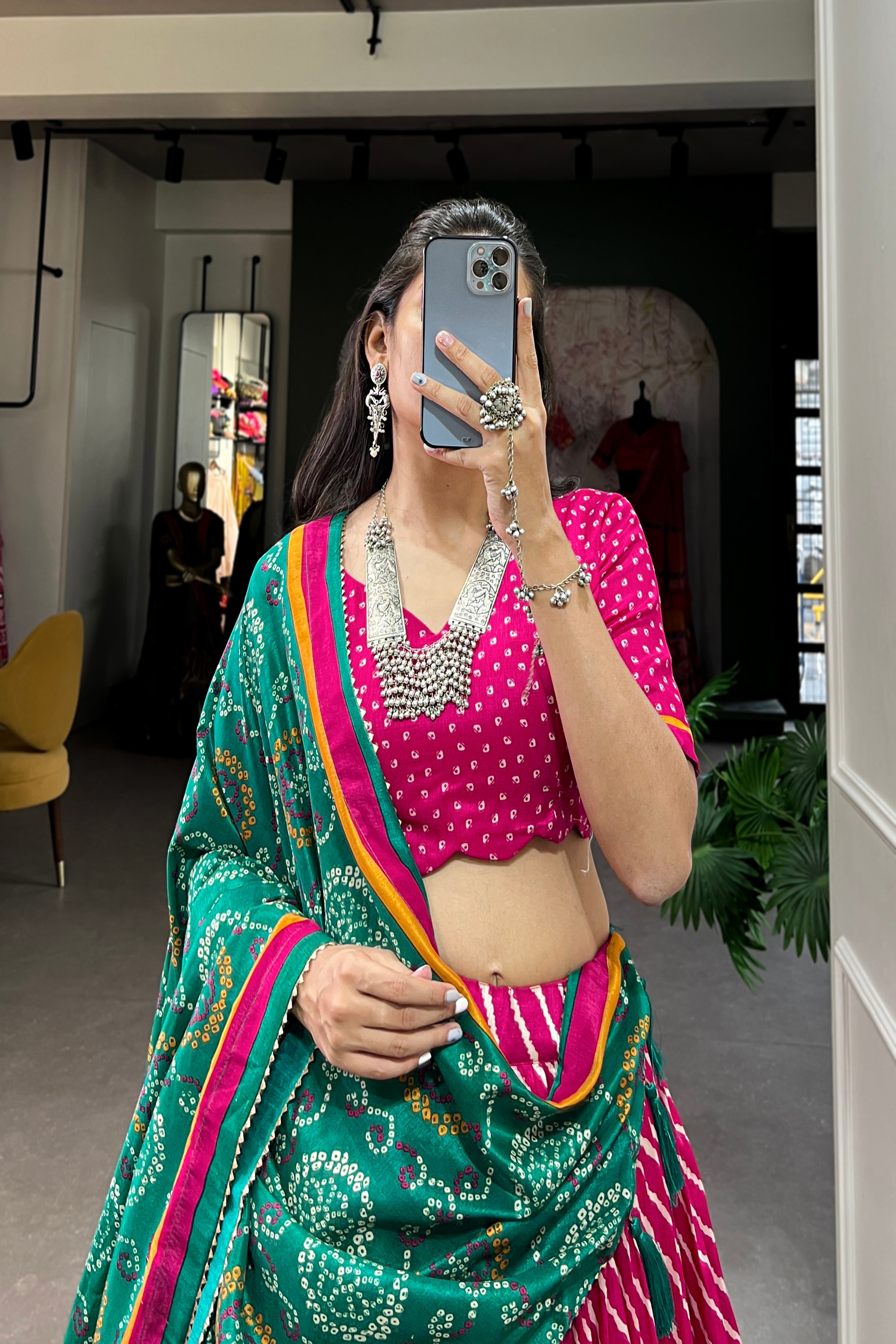 Elegant Leheriya Print Tussar Silk Lehenga Choli with Patola Print Border & Bandhani Dupatta