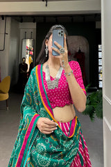 Elegant Leheriya Print Tussar Silk Lehenga Choli with Patola Border & Bandhani Dupatta