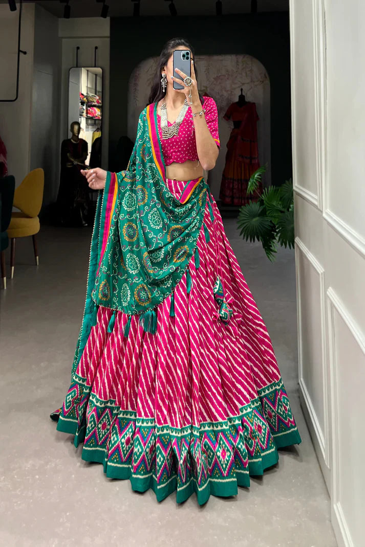 Elegant Leheriya Print Tussar Silk Lehenga Choli with Patola Border & Bandhani Dupatta