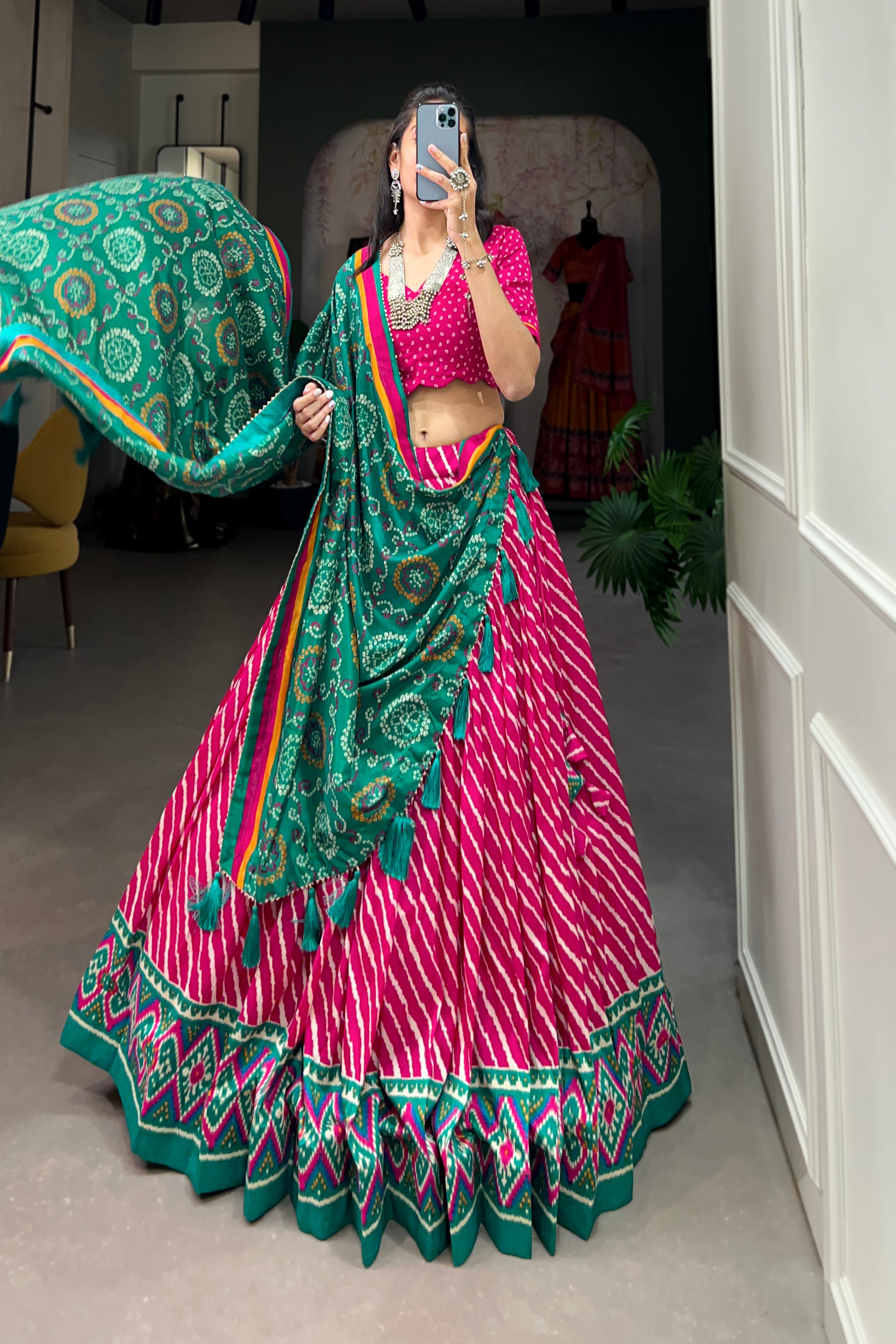 Elegant Leheriya Print Tussar Silk Lehenga Choli with Patola Print Border & Bandhani Dupatta