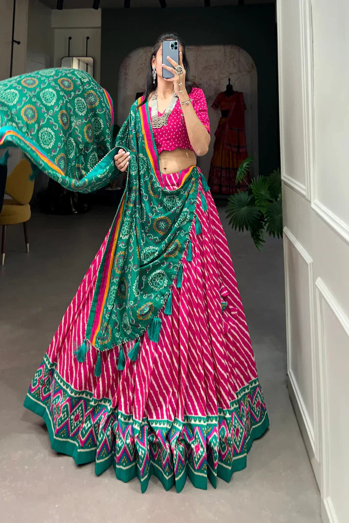 Elegant Leheriya Print Tussar Silk Lehenga Choli with Patola Border & Bandhani Dupatta