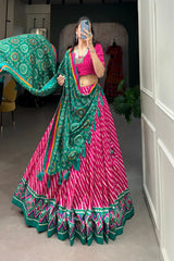 Elegant Leheriya Print Tussar Silk Lehenga Choli with Patola Border & Bandhani Dupatta