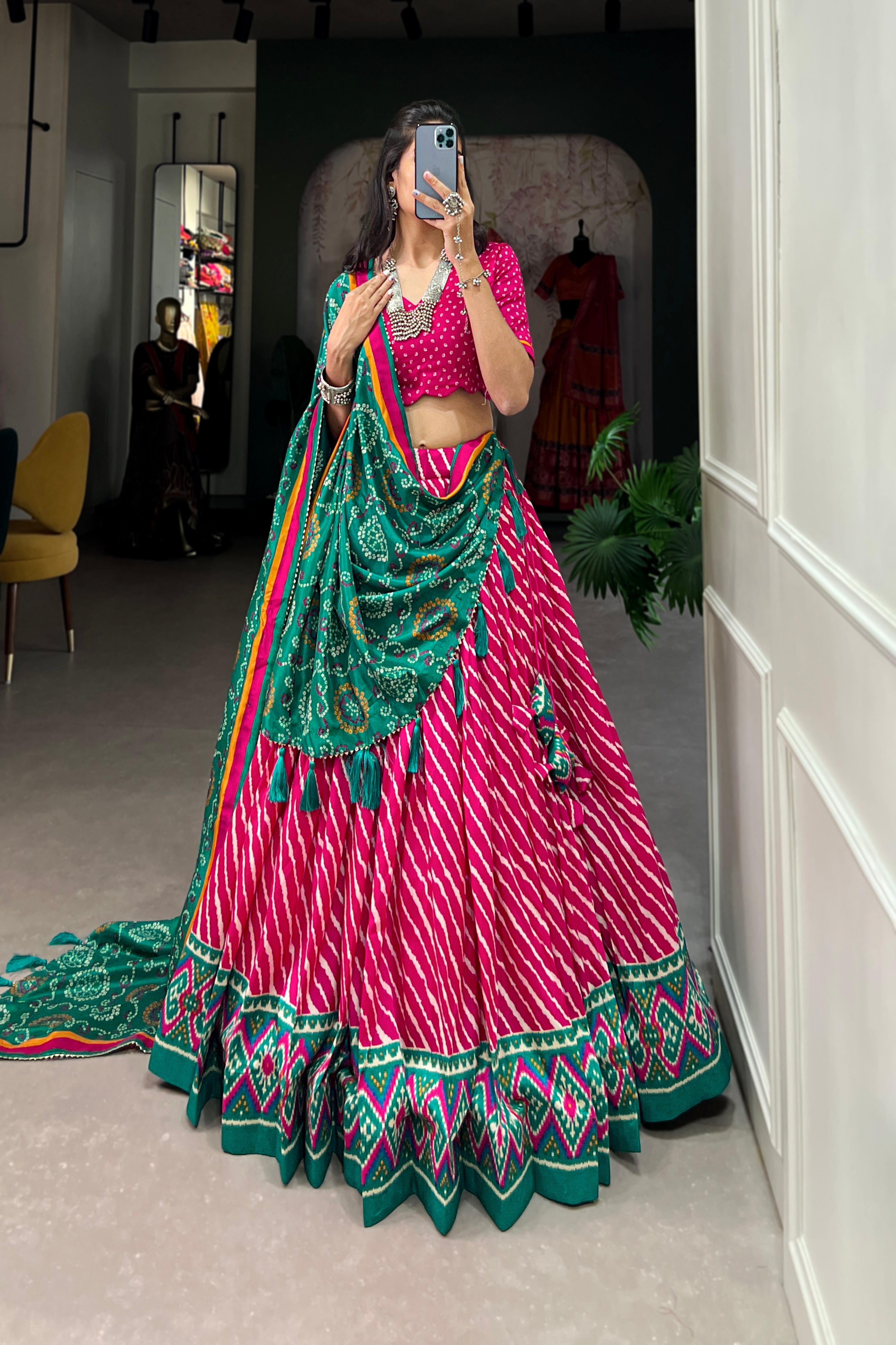 Elegant Leheriya Print Tussar Silk Lehenga Choli with Patola Print Border & Bandhani Dupatta