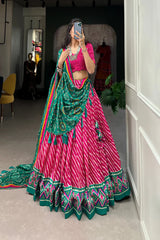 Elegant Leheriya Print Tussar Silk Lehenga Choli with Patola Border & Bandhani Dupatta