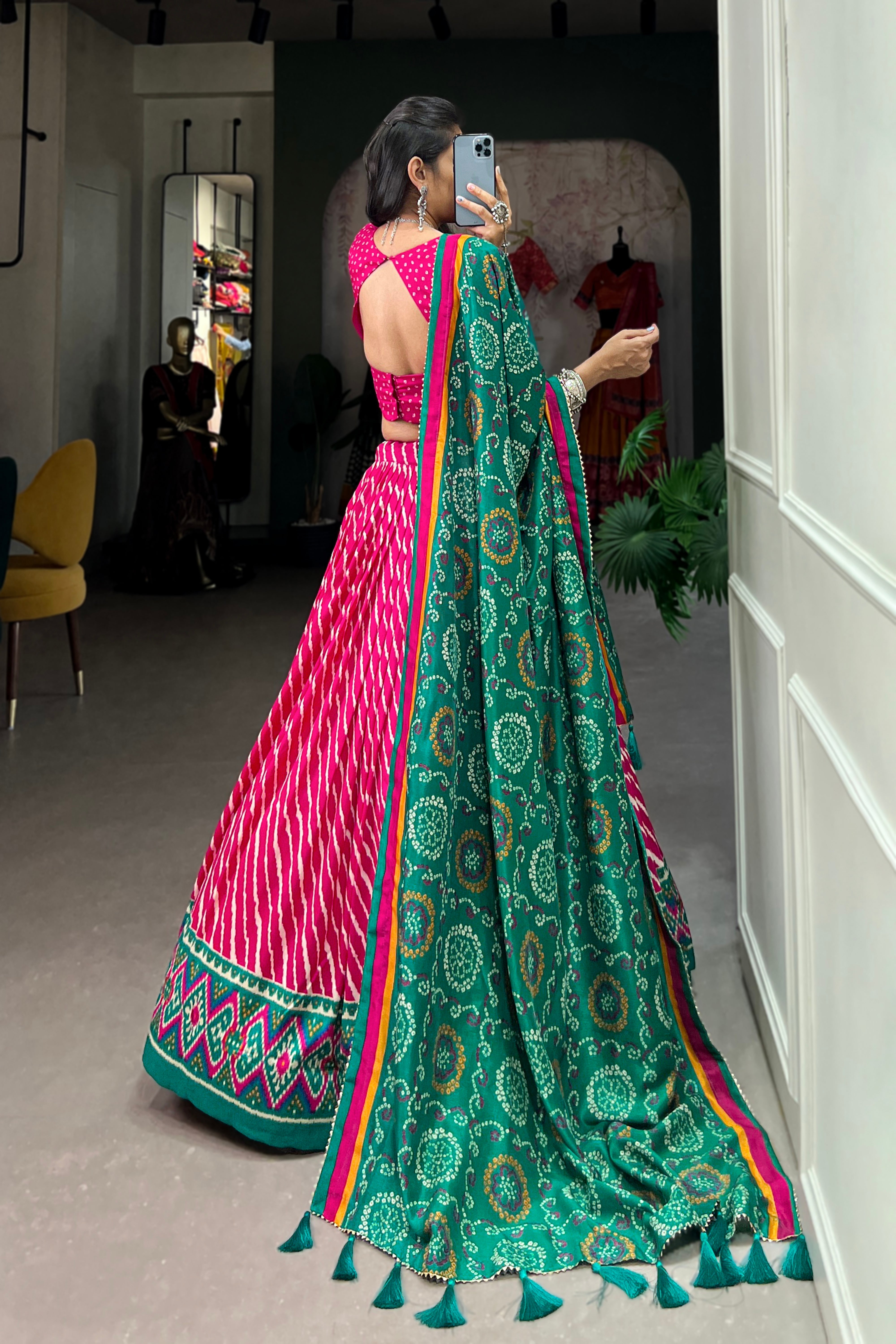 Elegant Leheriya Print Tussar Silk Lehenga Choli with Patola Print Border & Bandhani Dupatta