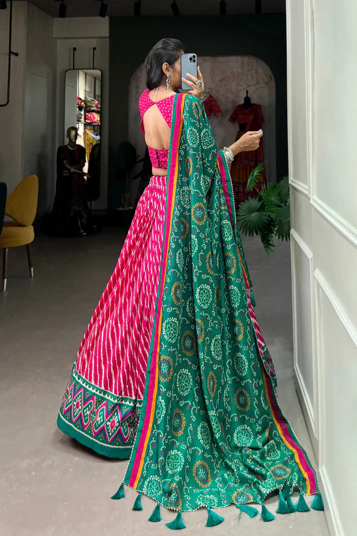 Elegant Leheriya Print Tussar Silk Lehenga Choli with Patola Border & Bandhani Dupatta