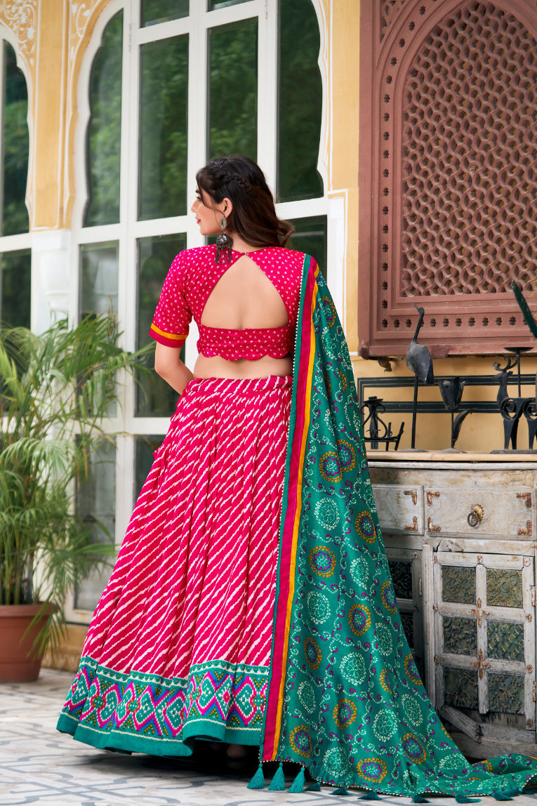 Elegant Leheriya Print Tussar Silk Lehenga Choli with Patola Print Border & Bandhani Dupatta