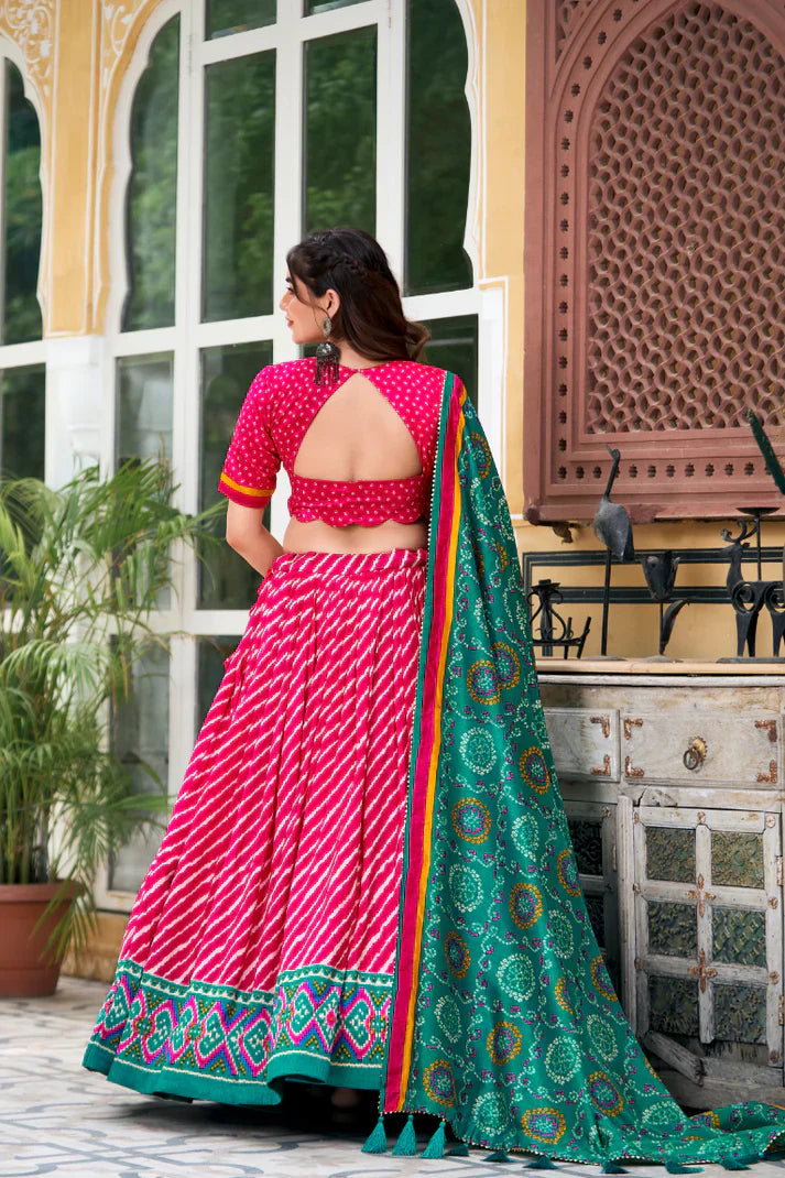 Elegant Leheriya Print Tussar Silk Lehenga Choli with Patola Border & Bandhani Dupatta