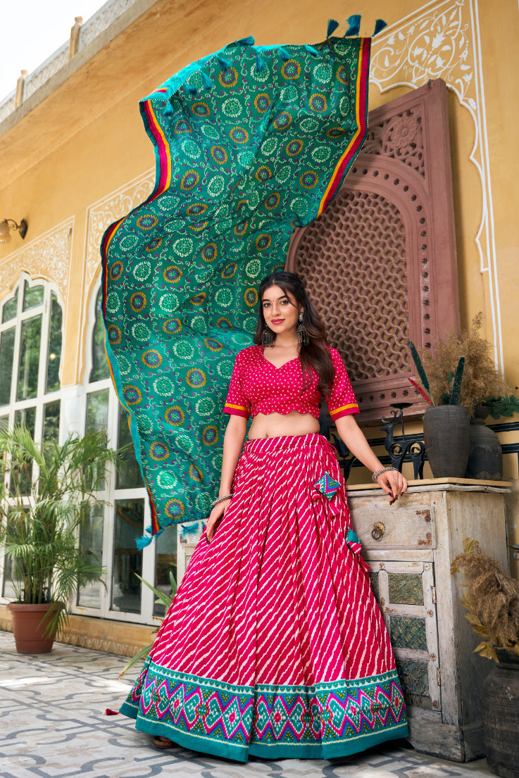 Elegant Leheriya Print Tussar Silk Lehenga Choli with Patola Print Border & Bandhani Dupatta