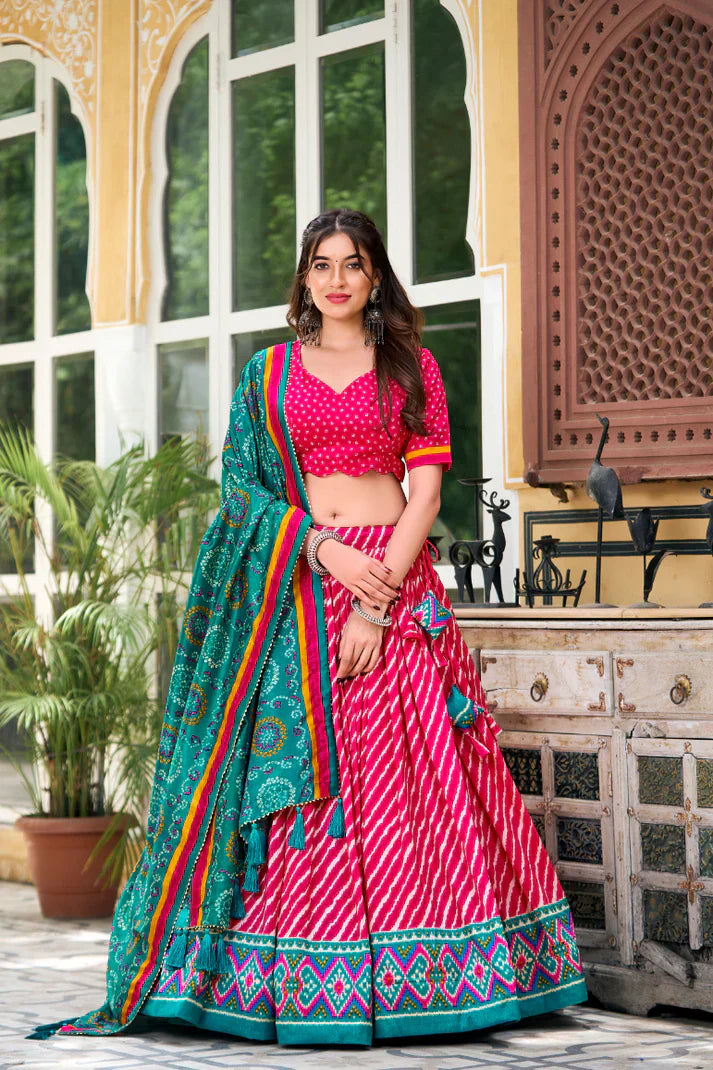Elegant Leheriya Print Tussar Silk Lehenga Choli with Patola Border & Bandhani Dupatta