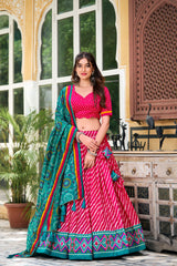 Elegant Leheriya Print Tussar Silk Lehenga Choli with Patola Print Border & Bandhani Dupatta