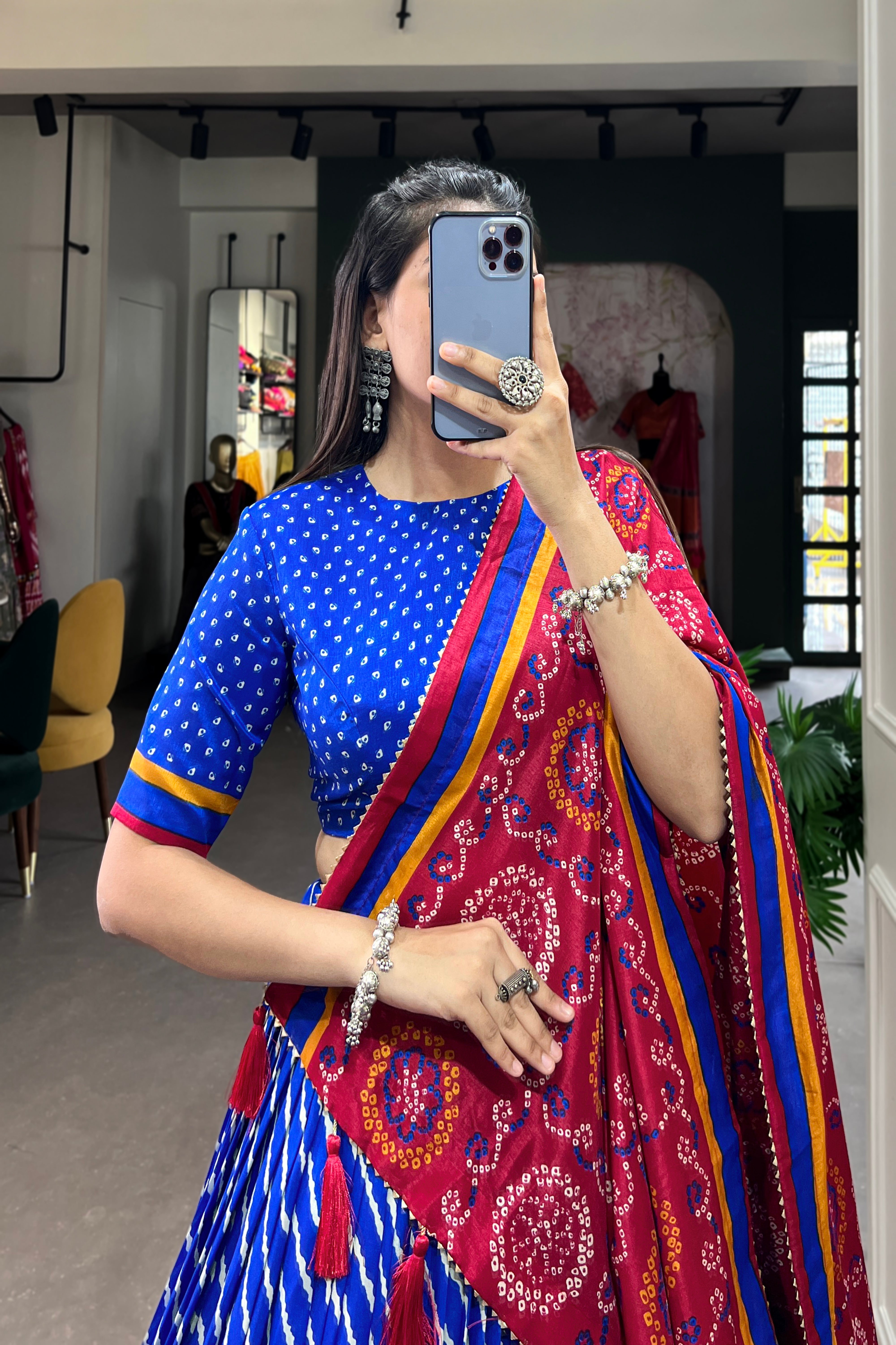 Elegant Leheriya Print Tussar Silk Lehenga Choli with Patola Print Border & Bandhani Dupatta