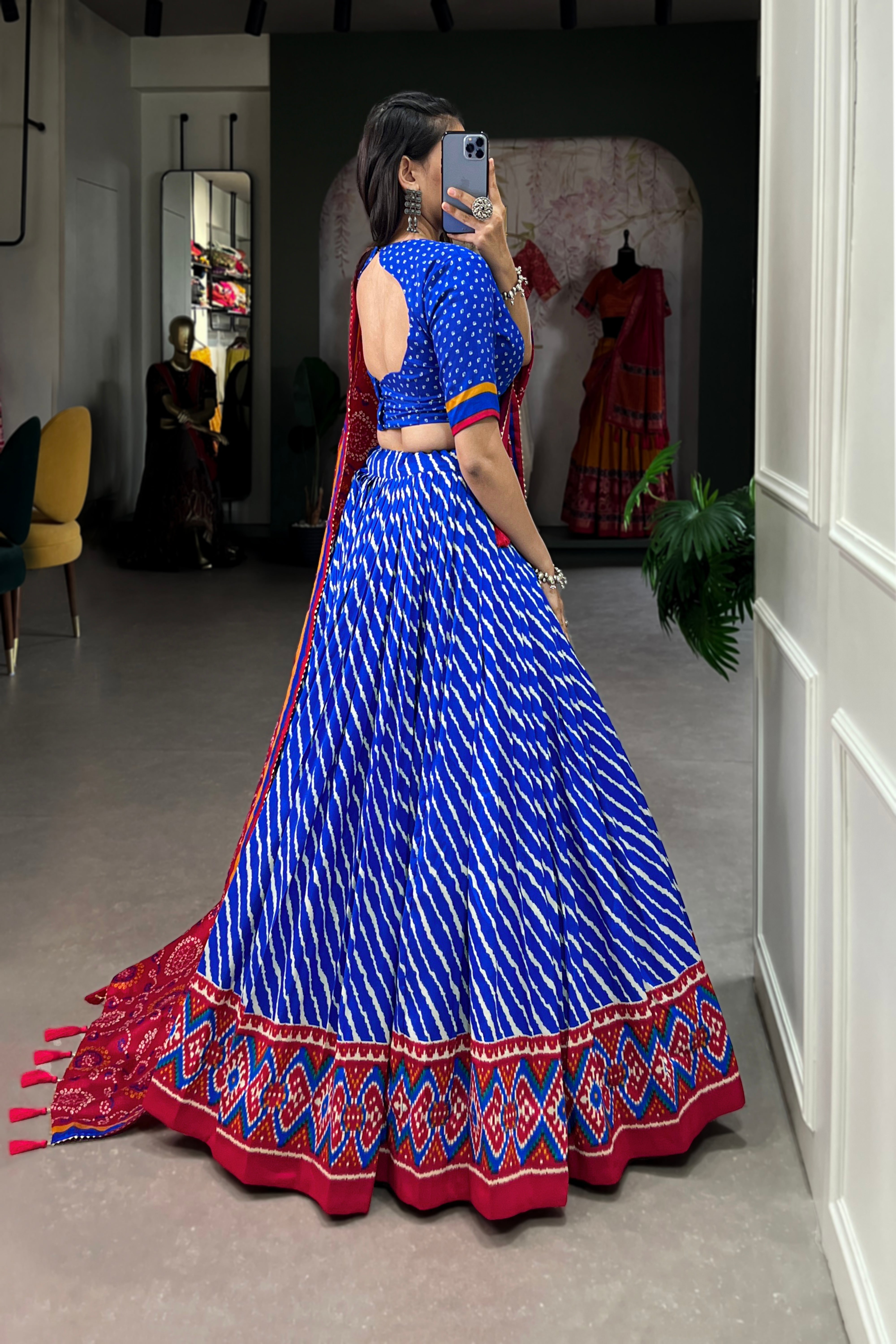 Elegant Leheriya Print Tussar Silk Lehenga Choli with Patola Print Border & Bandhani Dupatta