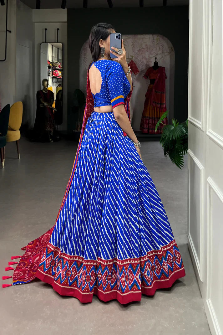 Festive Leheriya Tussar Silk Lehenga Choli with Patola Border and Bandhani Dupatta