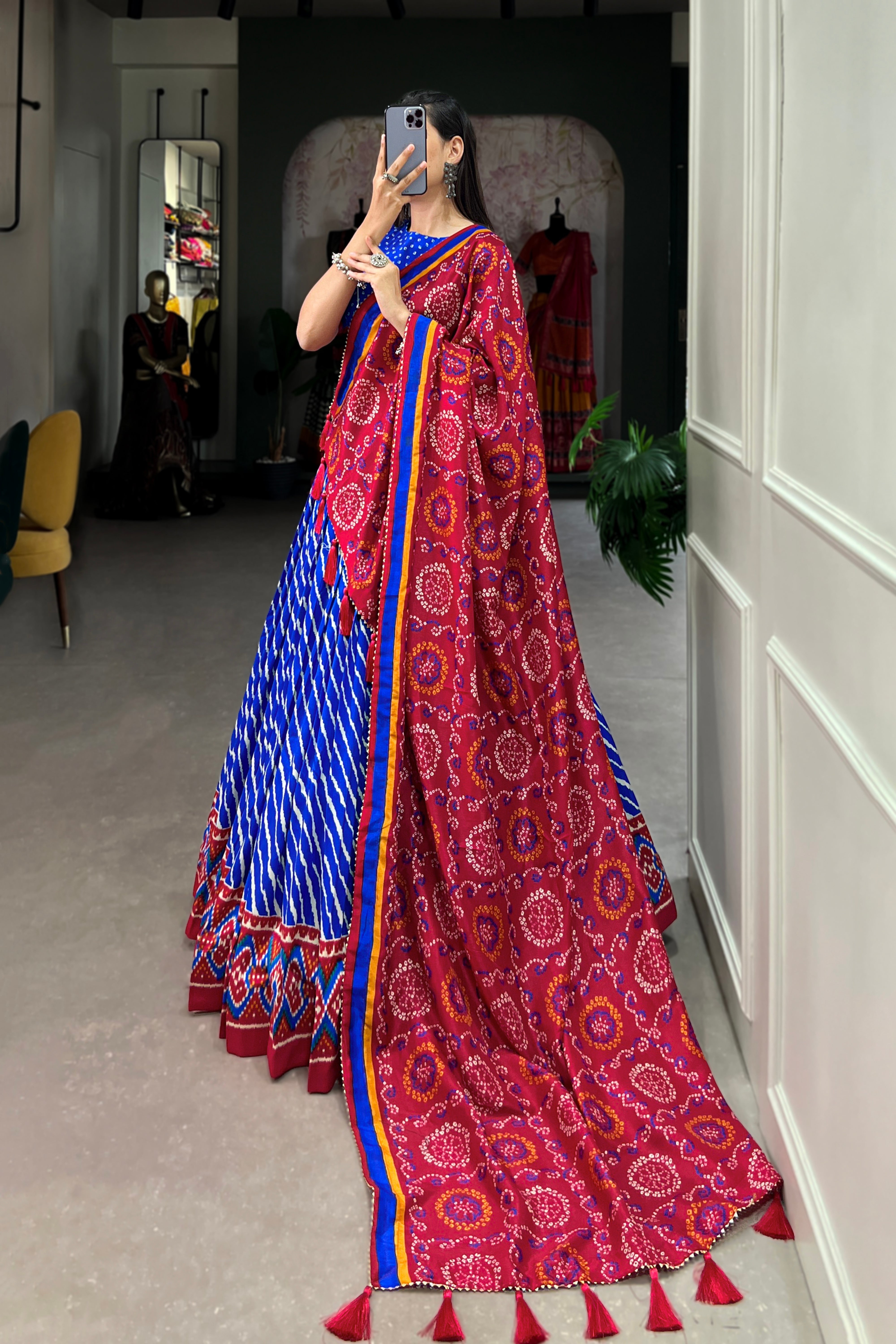 Elegant Leheriya Print Tussar Silk Lehenga Choli with Patola Print Border & Bandhani Dupatta