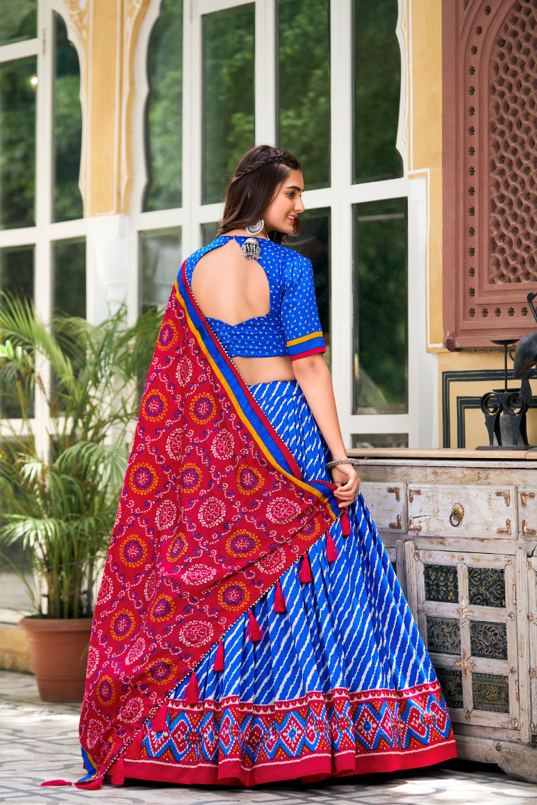 Elegant Leheriya Print Tussar Silk Lehenga Choli with Patola Print Border & Bandhani Dupatta