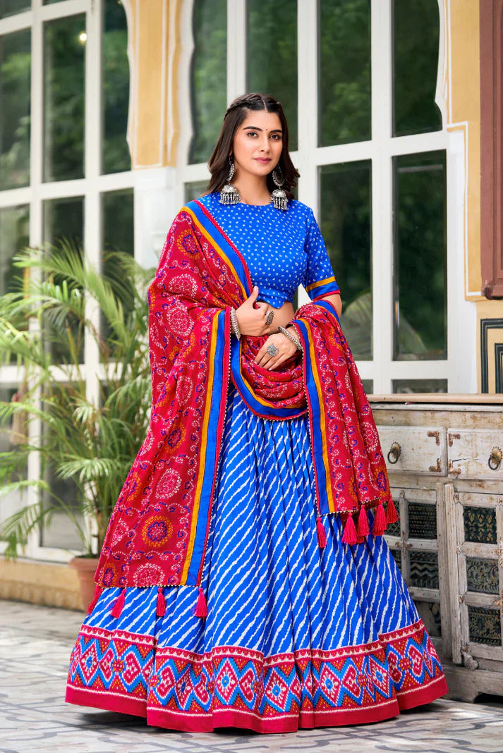 Festive Leheriya Tussar Silk Lehenga Choli with Patola Border and Bandhani Dupatta