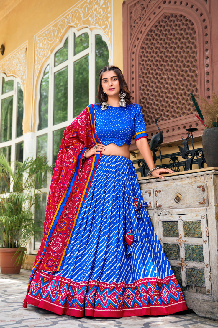 Elegant Leheriya Print Tussar Silk Lehenga Choli with Patola Print Border & Bandhani Dupatta