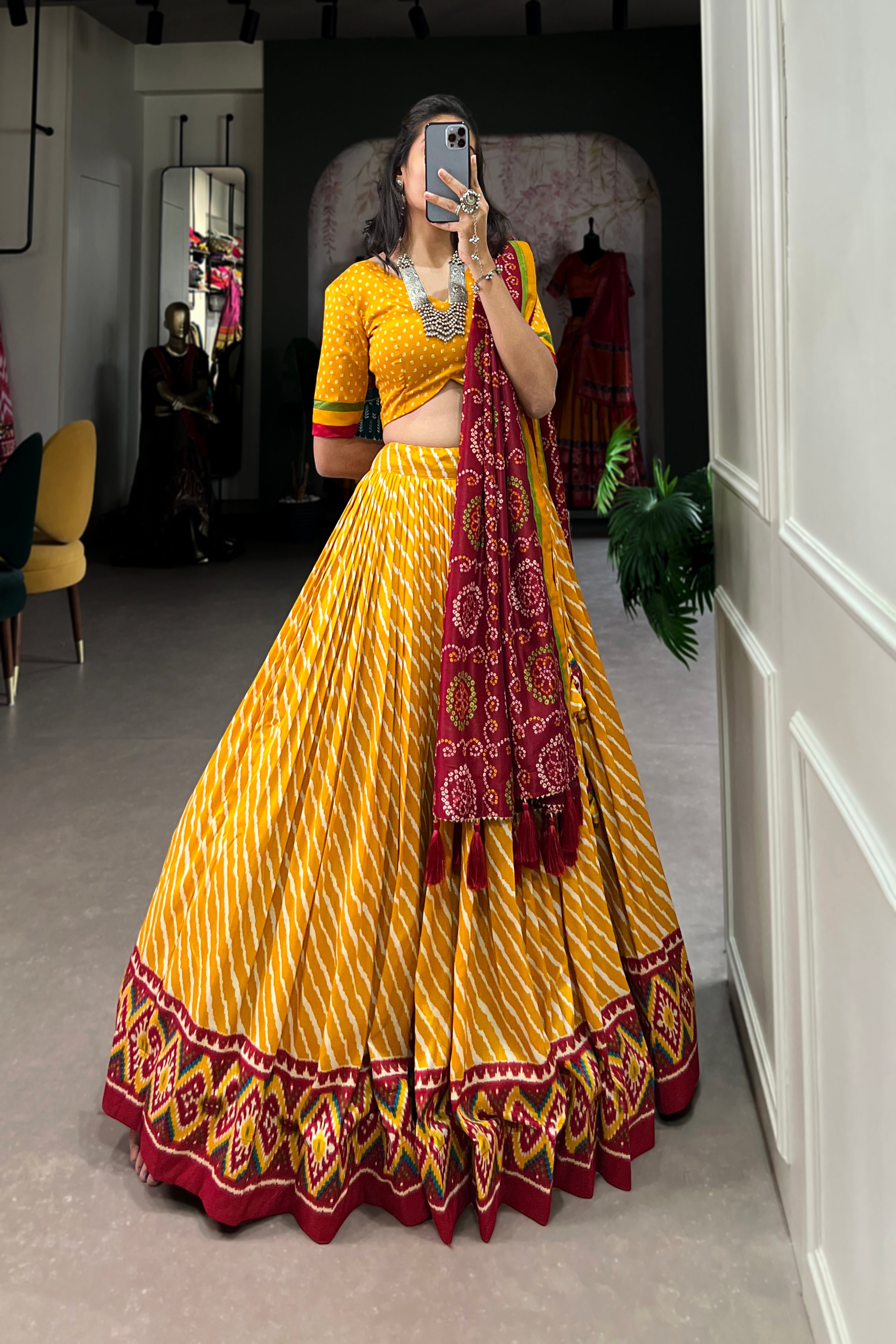 Elegant Leheriya Print Tussar Silk Lehenga Choli with Patola Print Border & Bandhani Dupatta