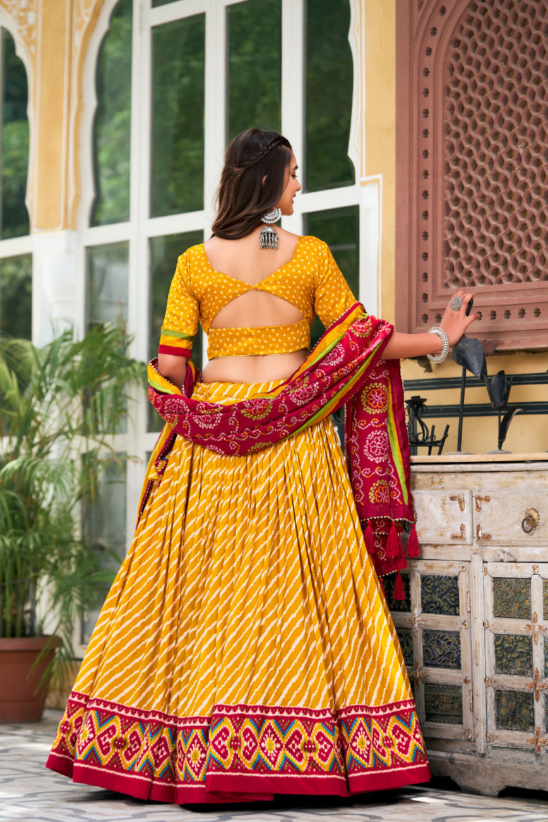 Elegant Leheriya Print Tussar Silk Lehenga Choli with Patola Print Border & Bandhani Dupatta