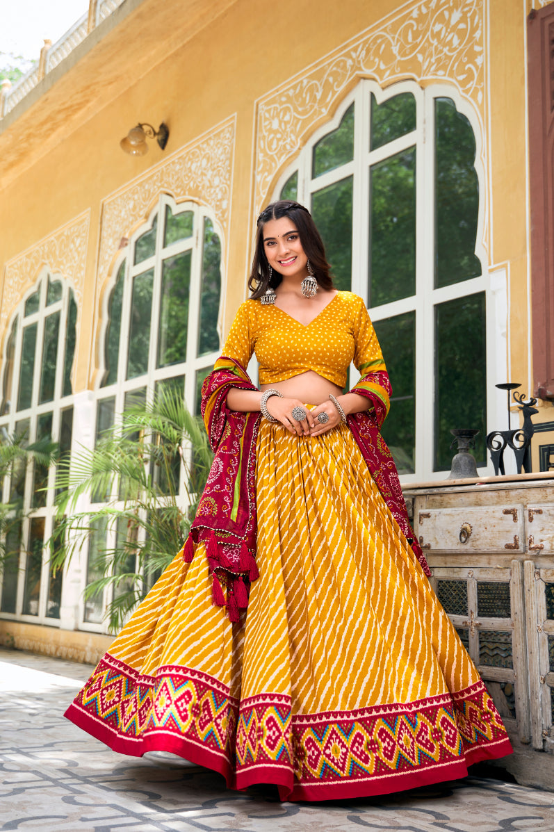 Elegant Leheriya Print Tussar Silk Lehenga Choli with Patola Print Border & Bandhani Dupatta