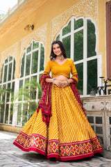 Elegant Leheriya Print Tussar Silk Lehenga Choli with Patola Print Border & Bandhani Dupatta