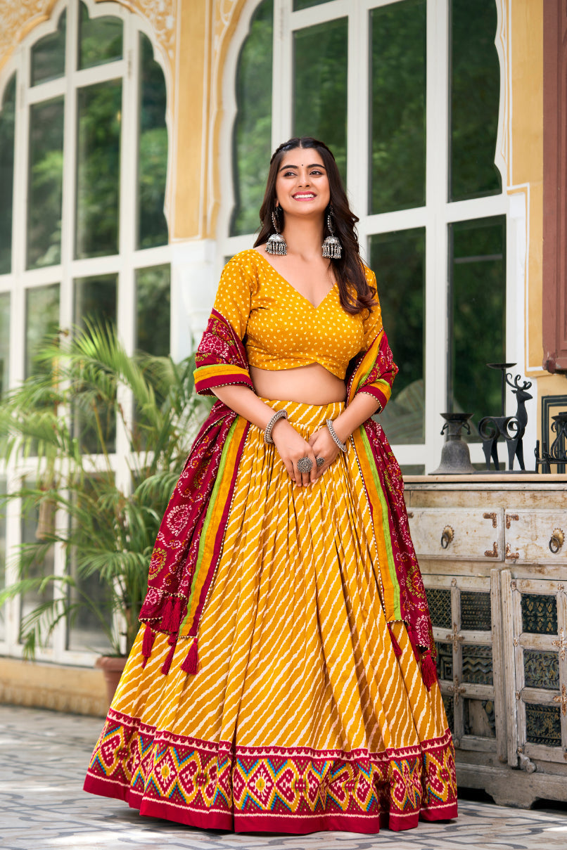 Elegant Leheriya Print Tussar Silk Lehenga Choli with Patola Print Border & Bandhani Dupatta