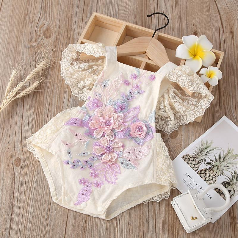 Enchanted Embroidered Lace Baby Girls Cotton Romper – Elegant and Comfortable Infant Outfit
