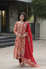 Muslin Crossed Embroidery Kurta Set with Micro Cotton Pants & Georgette Dupatta