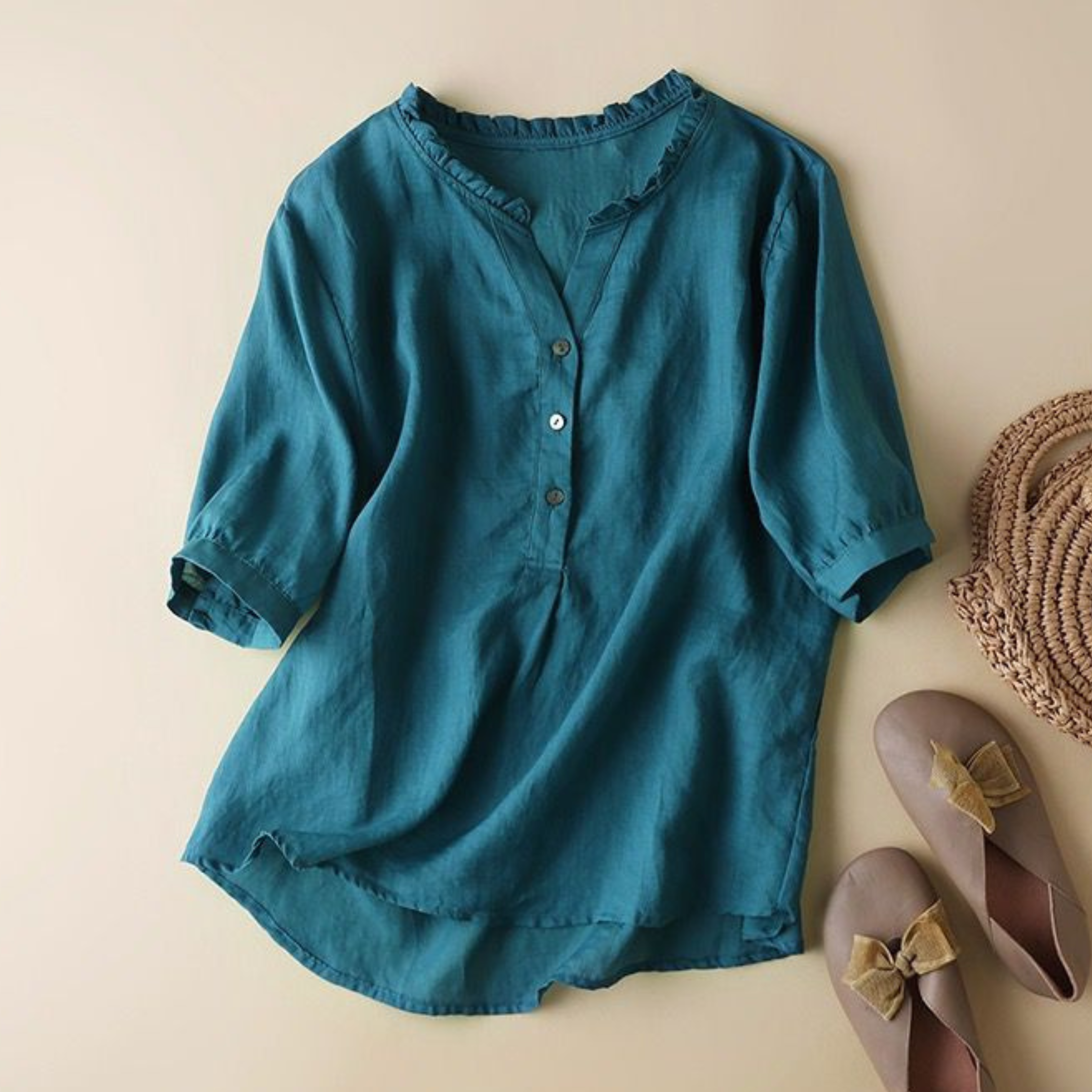 Pure Cotton Ruffled Neck Plain Top