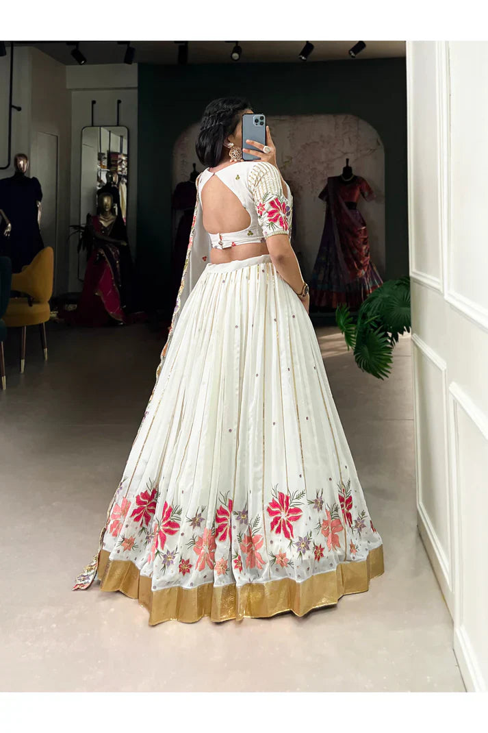 Georgette Lehenga Set with Sequins & Thread Embroidery and Embossed Lace