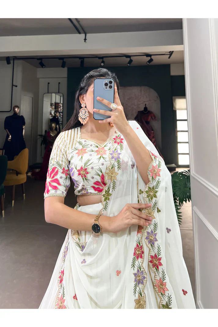 Georgette Lehenga Set with Sequins & Thread Embroidery and Embossed Lace