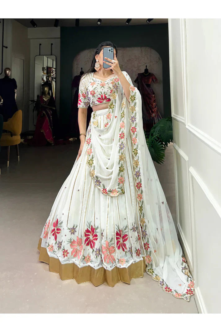 Georgette Lehenga Set with Sequins & Thread Embroidery and Embossed Lace