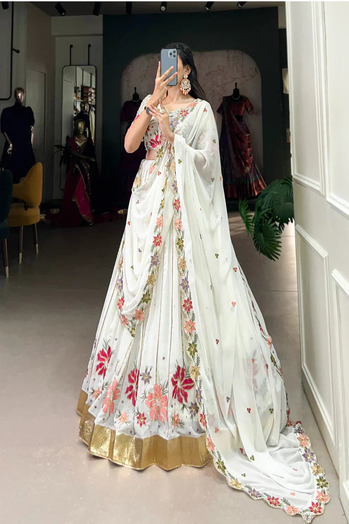 Georgette Lehenga Set with Sequins & Thread Embroidery and Embossed Lace