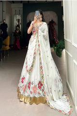 Georgette Lehenga Set with Sequins & Thread Embroidery and Embossed Lace