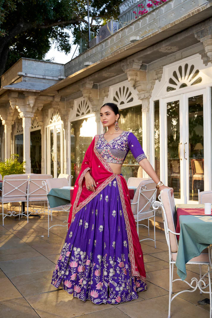 Elegant Vichitra Silk Lehenga Set with Sequins & Thread Embroidery