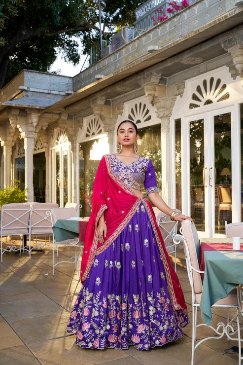 Elegant Vichitra Silk Lehenga Set with Sequins & Thread Embroidery