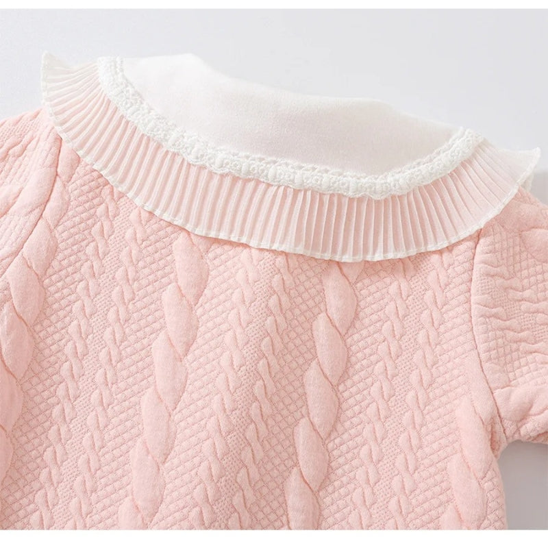 Soft Peachy Pink Baby Girls Romper Delight – Fleece-Lined Cotton Blend Infant Outfit, Cozy & Cute