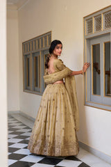 Elegant Gold Crush Lehenga Set with Sequins & Thread Embroidery