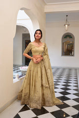 Elegant Gold Crush Lehenga Set with Sequins & Thread Embroidery