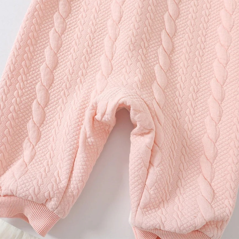 Soft Peachy Pink Baby Girls Romper Delight – Fleece-Lined Cotton Blend Infant Outfit, Cozy & Cute