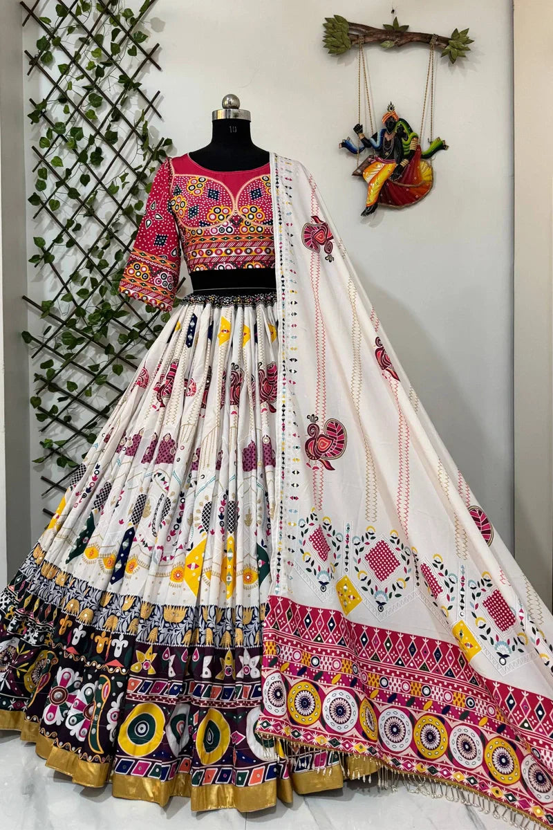 Real Mirror Work Off White Chaniya Choli For Navratri